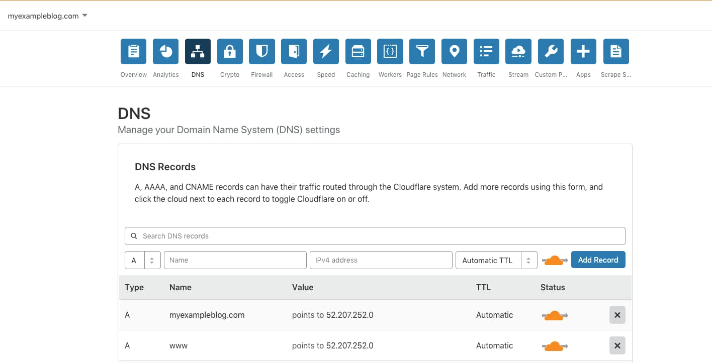 DNS Record for AWS lightsail.