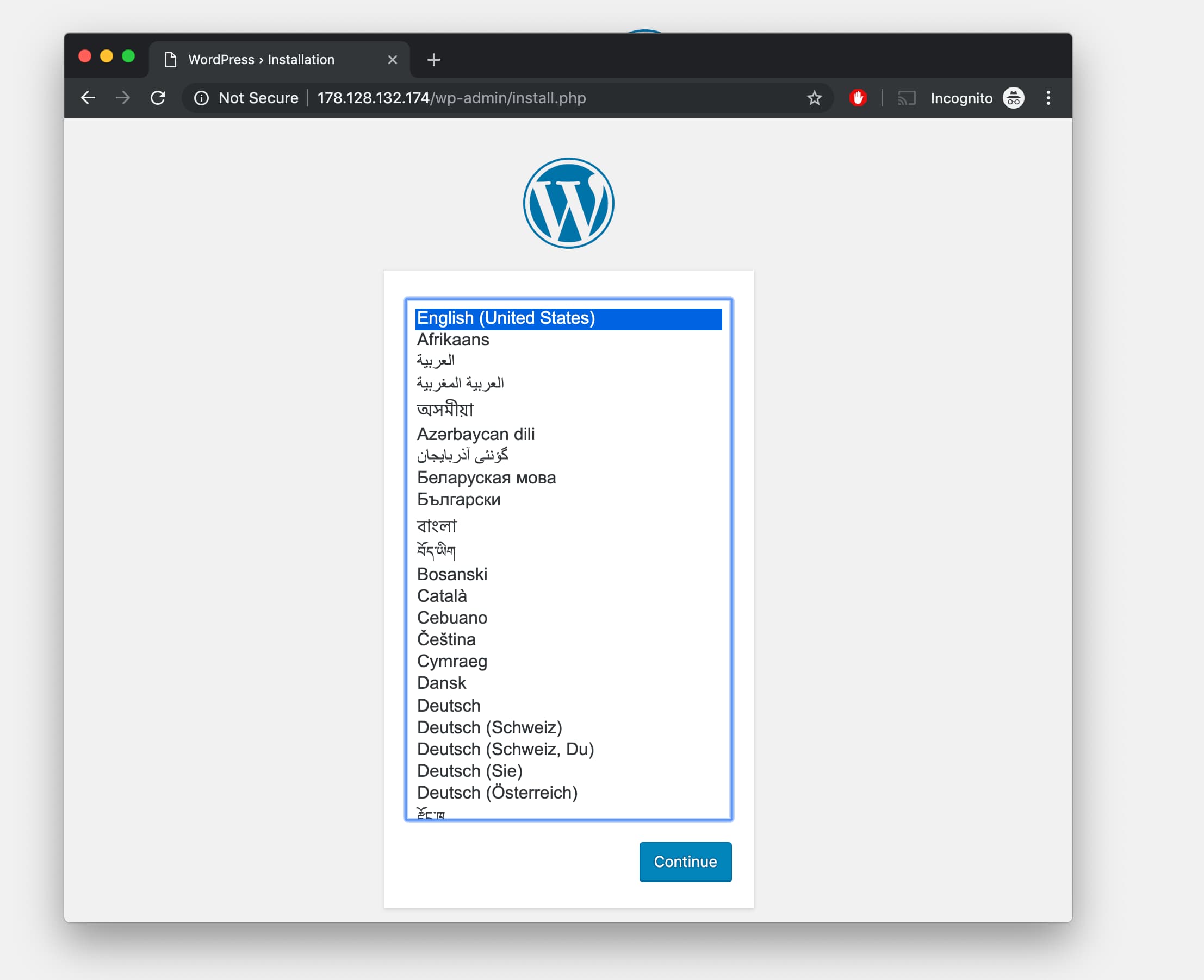 WordPress Installation Screen After Setup