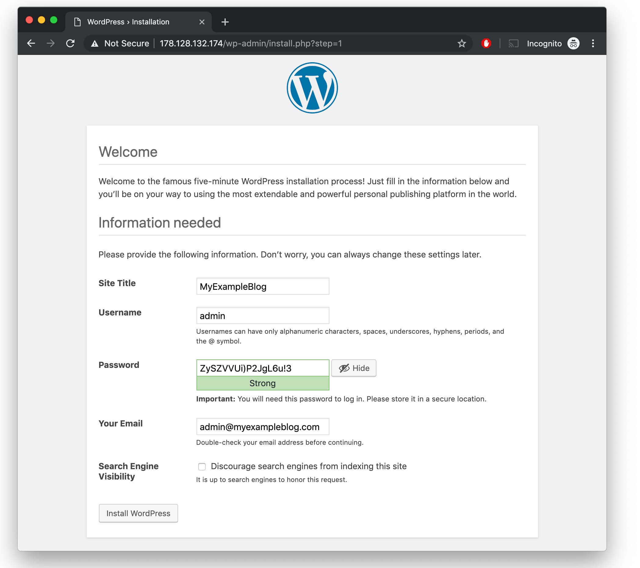 WordPress Username and Password setup on Ubuntu