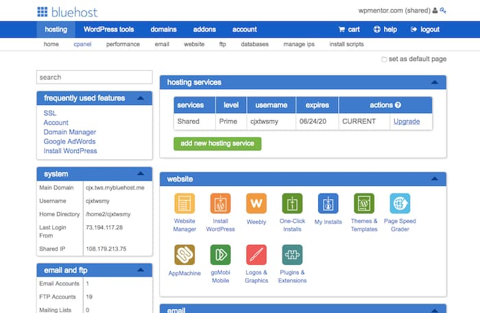 bluehost cpanel dashboard