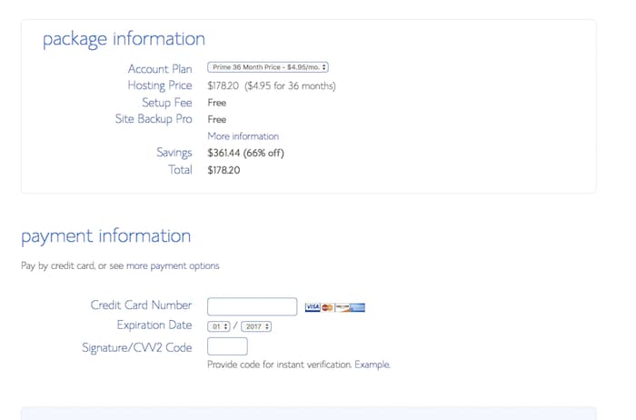 bluehost signup credit card details