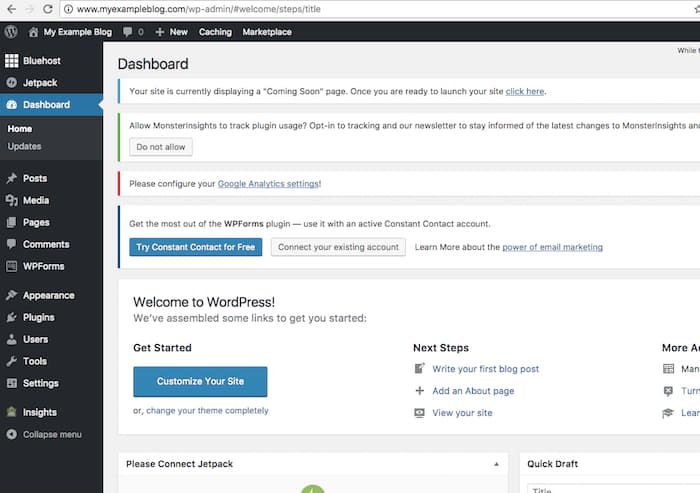 bluehost wordpress dashboard