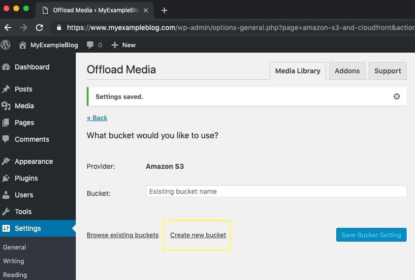 WP Offload media create new bucket