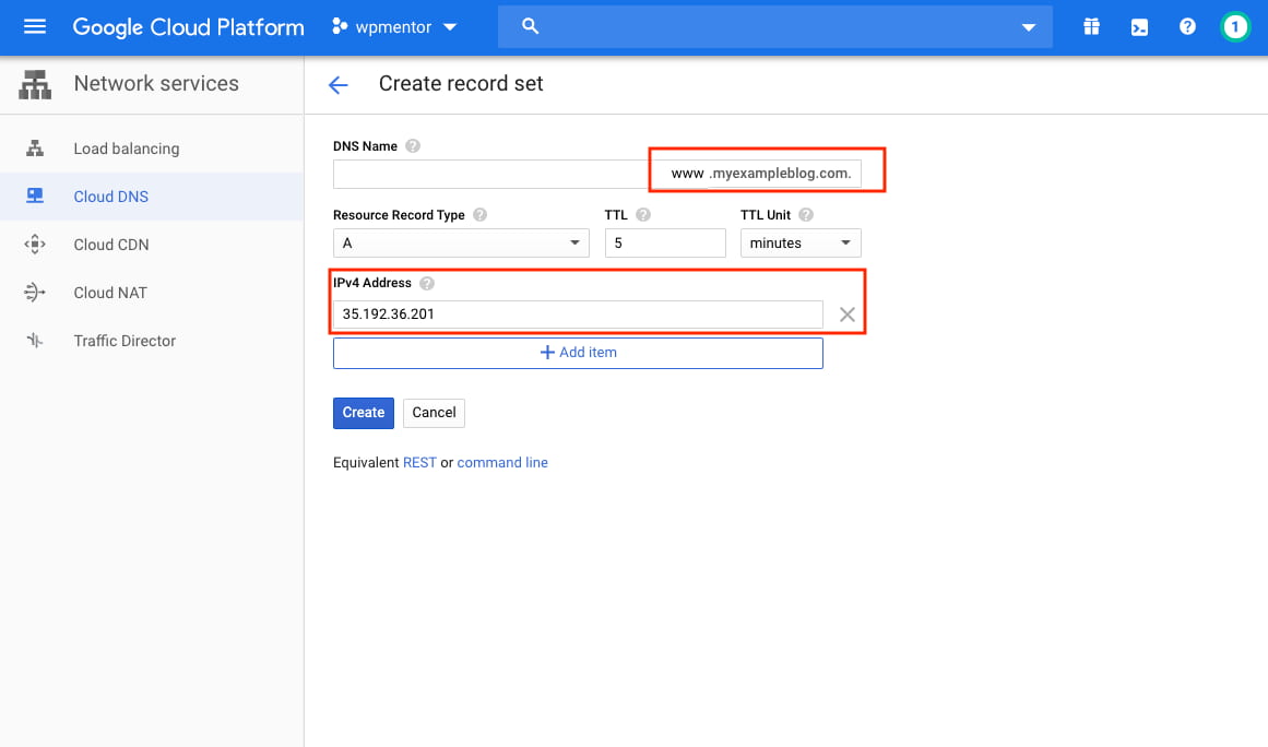 Google Cloud Create Record Set