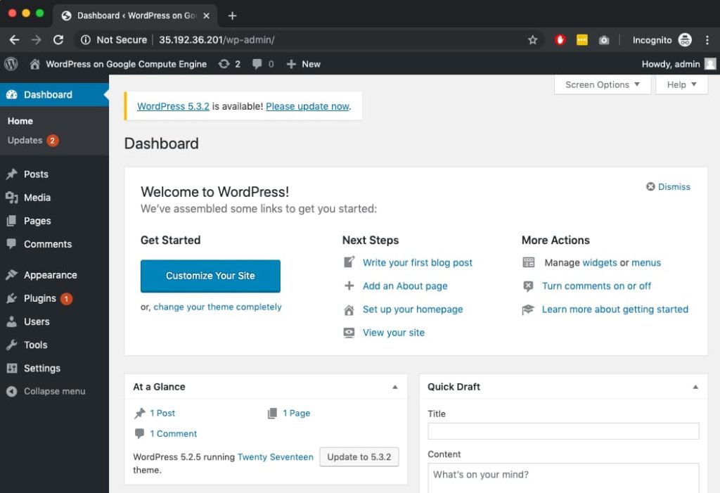 WordPress on Google Cloud dashboard.