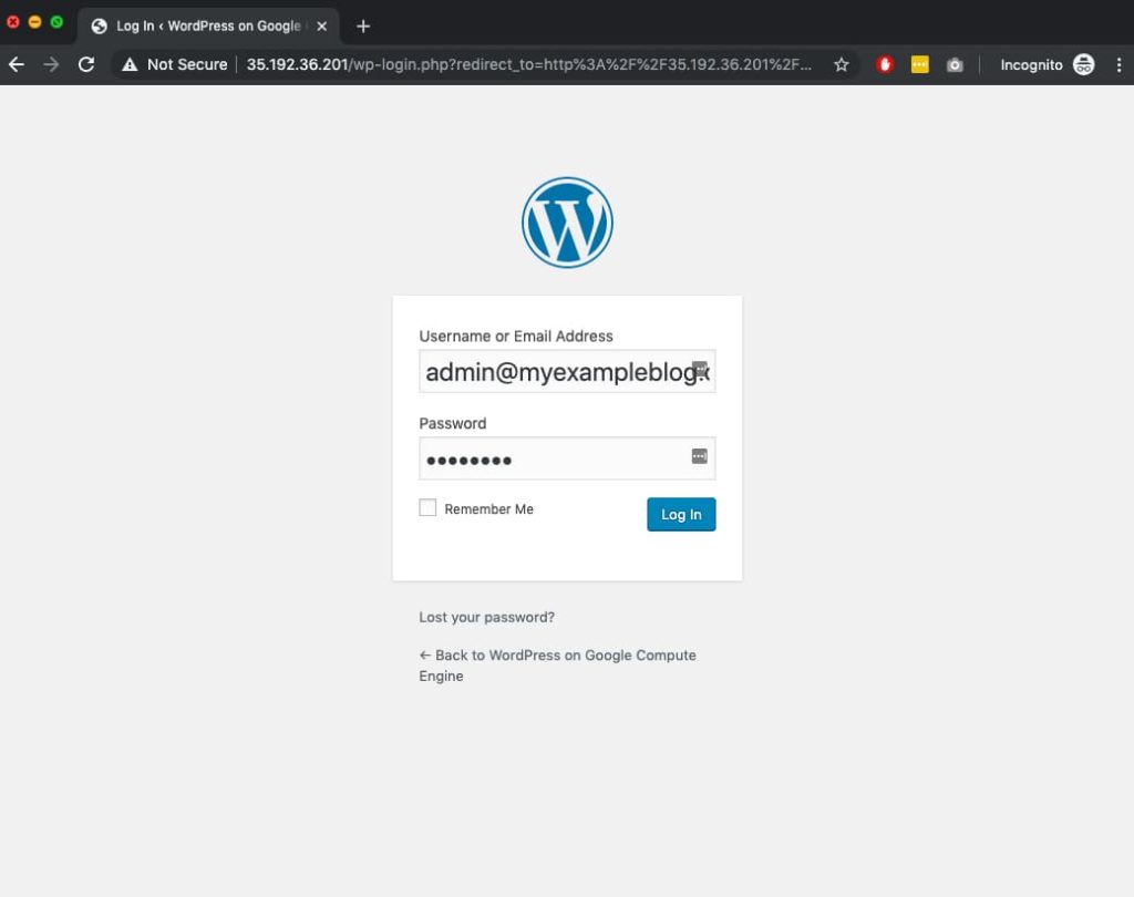 WordPress on Google Cloud Login Screen