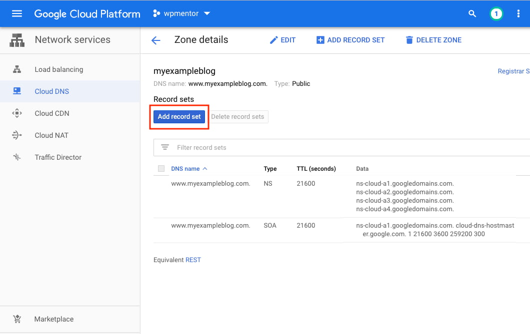 Google Cloud Add Record Set in DNS Zone