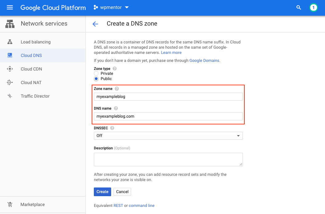 Google Cloud Create DNS Zone