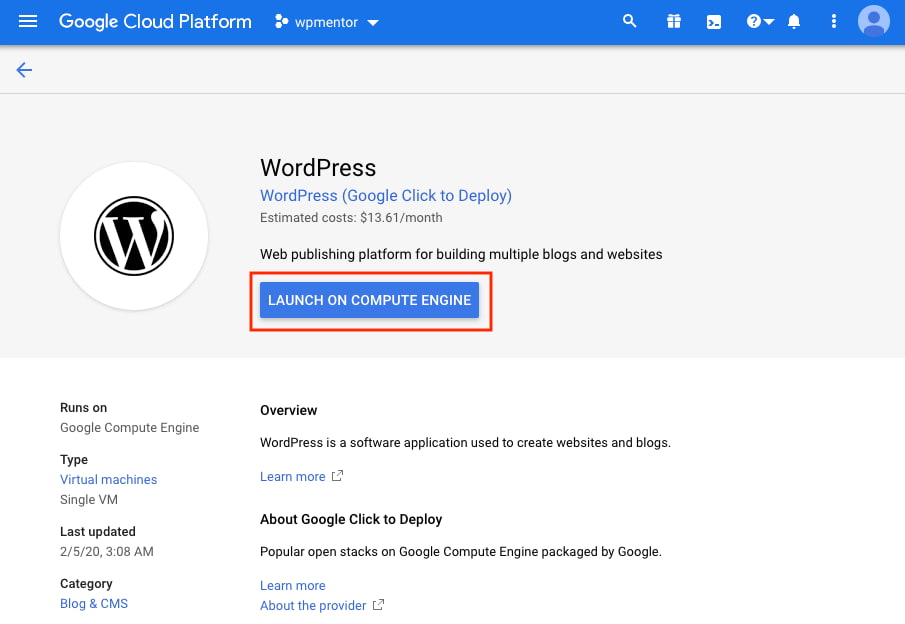 Google Click to Deploy WordPress