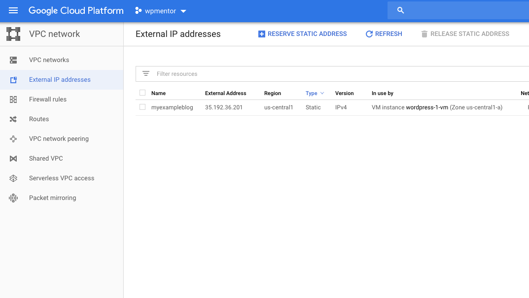 Google Cloud Static IP Address Assigned