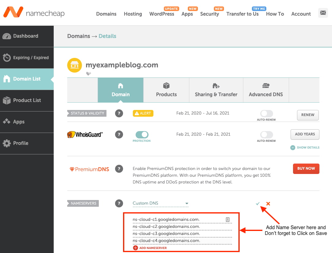 NameCheap add Google Cloud DNS