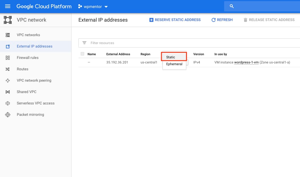 Google Cloud change to Static IP