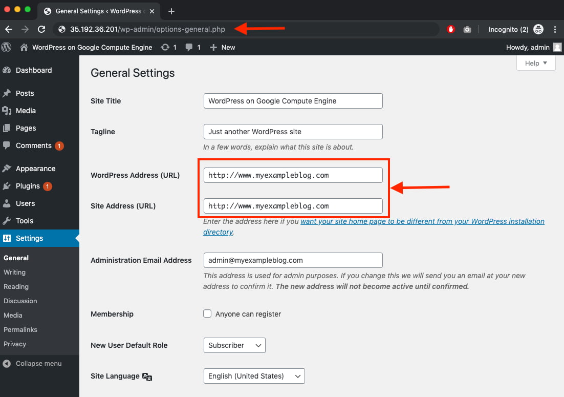 Change WordPress URL with Google Cloud Install