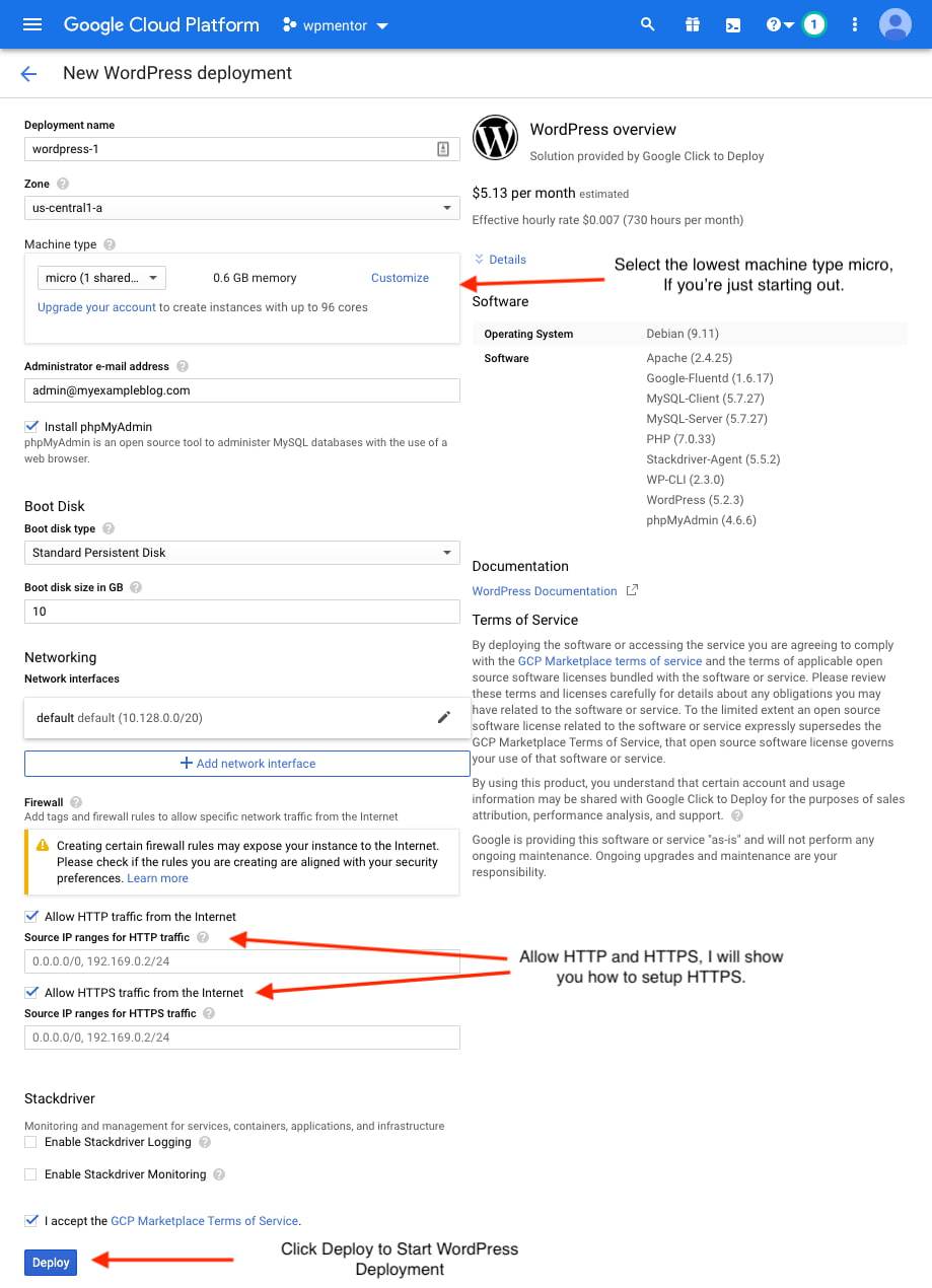 Google Click to Deploy WordPress Settings