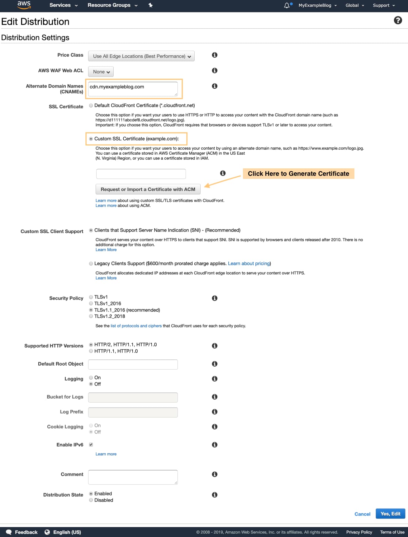 CloudFront Distribution AWS Certificate Manager 