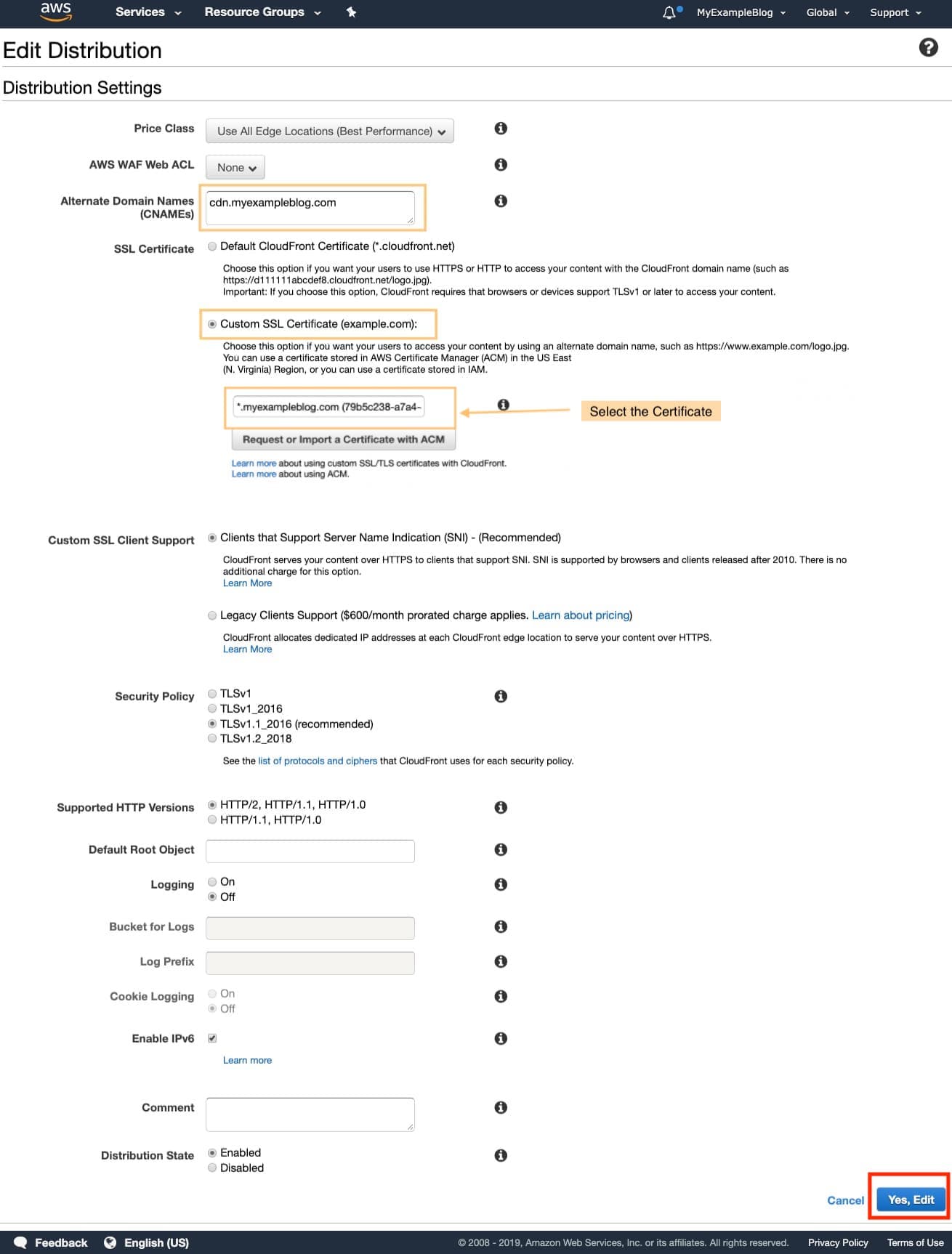 AWS Certificate Manager Select Certificate