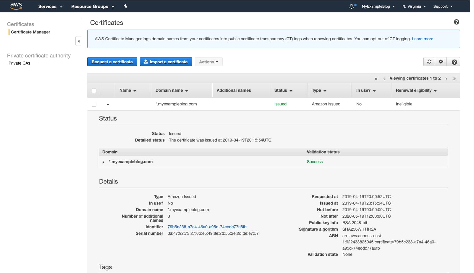 AWS Certificate Manager Issued Certificate