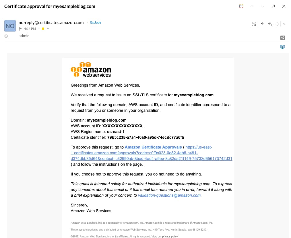 AWS Certificate Manager verification Email