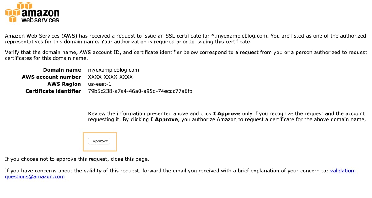 AWS Certificate Manager Approve Certificate