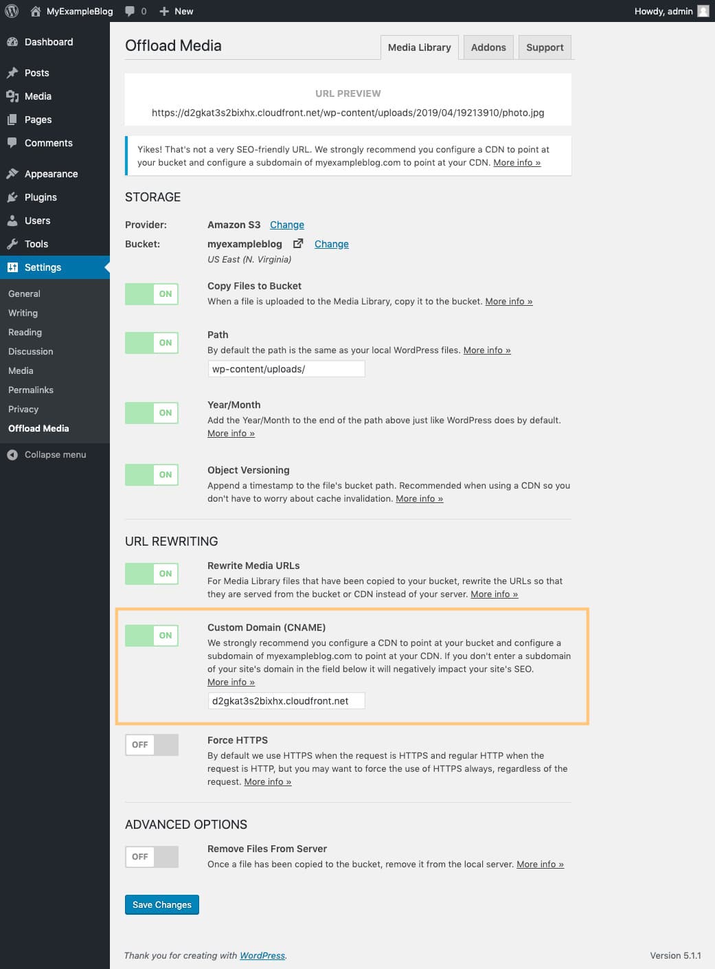 WP Offload Media Lite plugin cloudFront URL