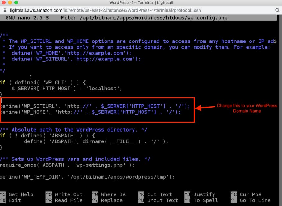 AWS Lightsail Change WordPress URL in wpconfig.php