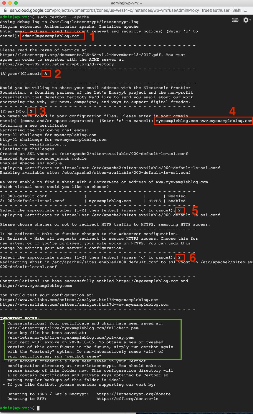 WordPress Google Cloud Certbot installation instruction