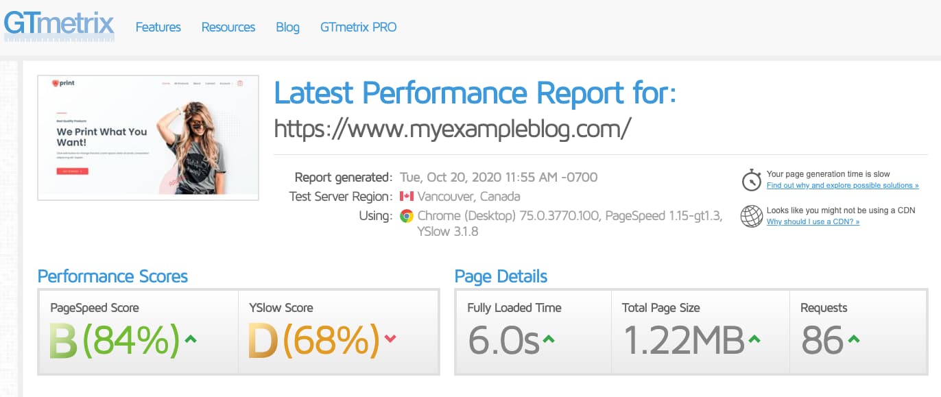 GTmetrix speed before cloudflare setup