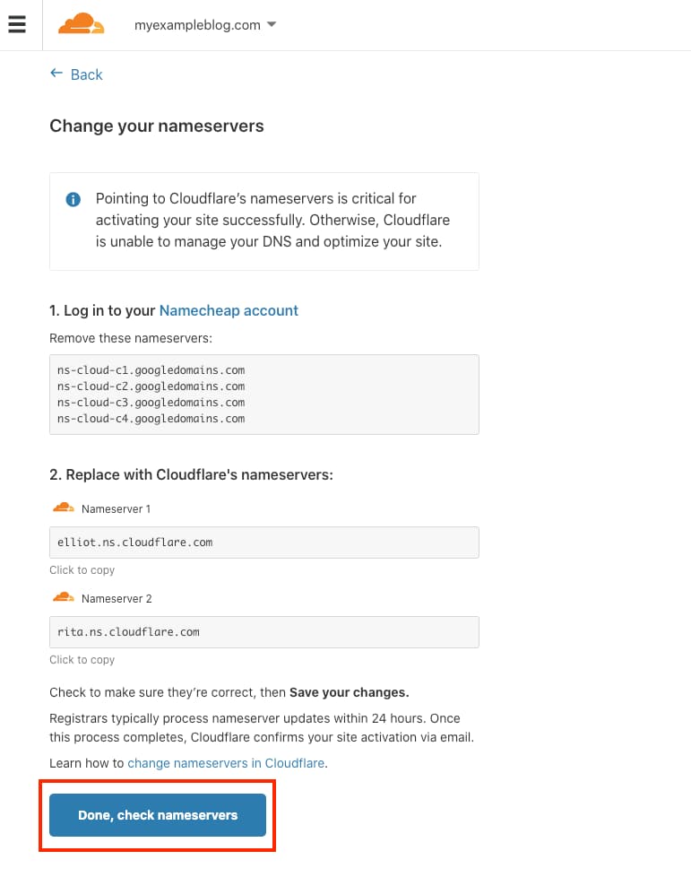 update WordPress site nameservers to Cloudflare