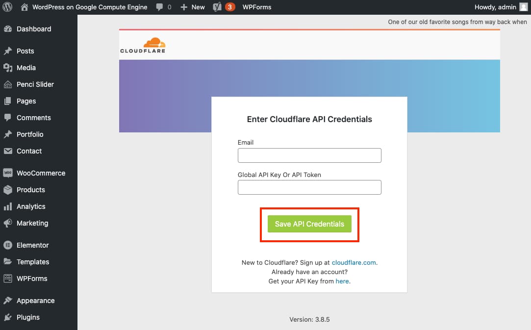 Add API key to cloudflare wordpress plugin