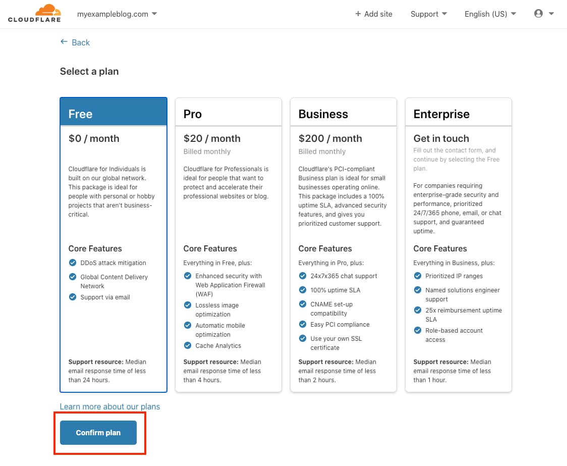 Select Cloudflare plans